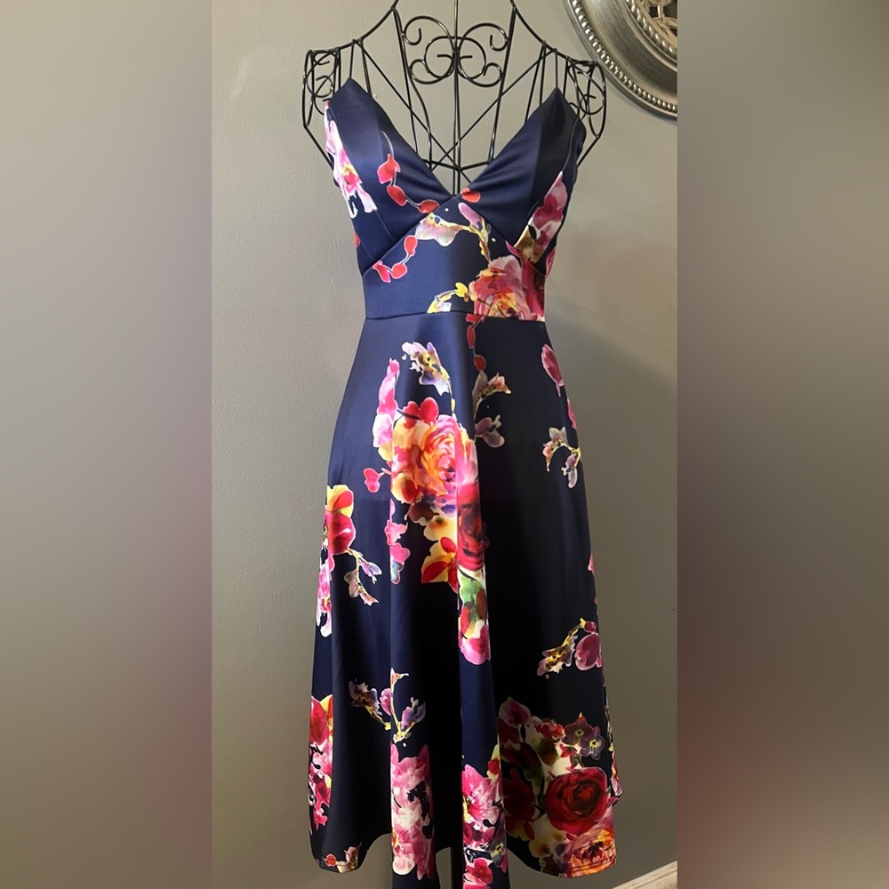 AX Paris Pink, Blue Floral Sleeveless Sweetheart Cocktail Wedding Midi Dress Sz8